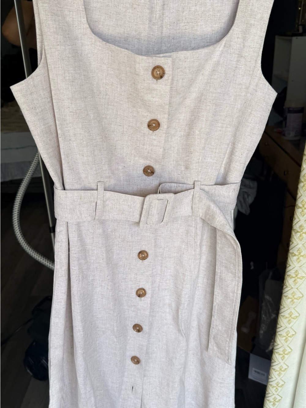 Banana Republic Cream Linen-Blend Button-Front Midi Dress with Belt